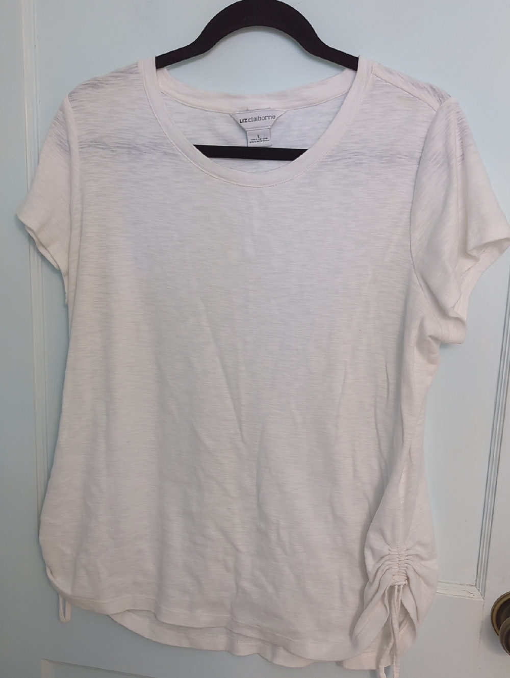 Liz Claiborne Sz L 100% Cotton White Short-Sleeve Tee with Side Tie